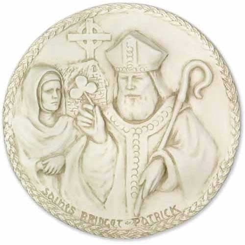 Saints Brigid and Patrick in classical relief, ornate old world European style with intricate border and religious symbols.