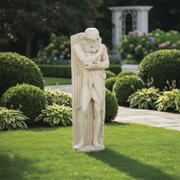 Classical Greek-style male statue with draped cloth, ornate beard, and detailed facial features in a contemplative pose. Side Angle