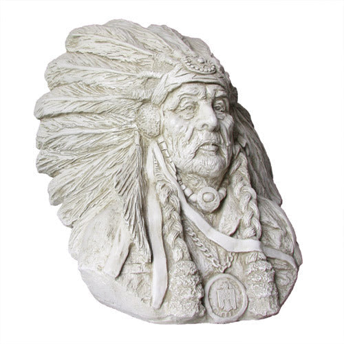 Bust of a Native American chief with ornate feathered headdress, detailed braids, and classical old world European sculptural style