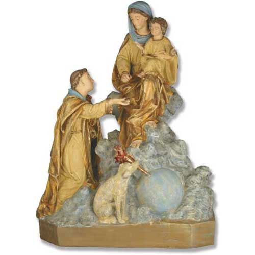 Madonna and Child with kneeling figure and dog, ornate old world European style, classical religious sculpture with Baroque details.