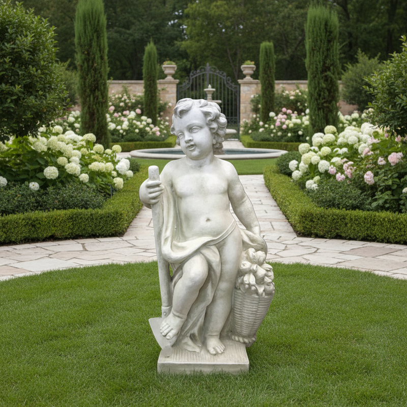 Cherub with Basket of Fruit Outdoor Statue (36-Inch)
