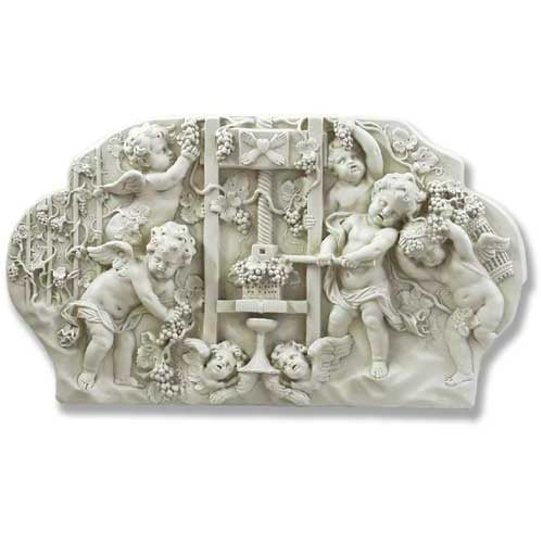 Baroque wall plaque featuring ornate cherubs, grapevines, and classical motifs in an old world European relief style. Side View
