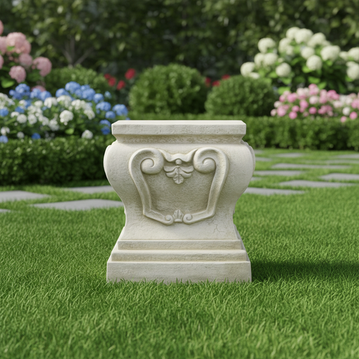 Ornate pedestal base with classical old world European scrollwork and leaf motif, featuring a symmetrical, architectural design. Side Angle