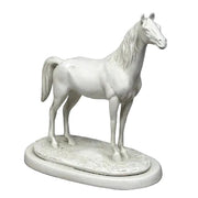 Classical horse statue with ornate detailing, standing on an oval base, inspired by old world European and Renaissance styles