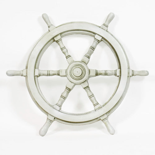 Ship wheel with six spokes, featuring classical old world European design and ornate detailing reminiscent of maritime heritage.