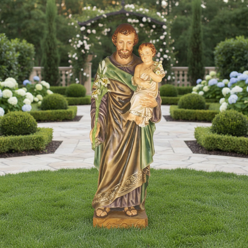 Saint holding child in ornate, old world European style with classical drapery and Baroque detailing, featuring intricate floral accents. Side Angle