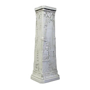 Ornate classical pedestal with old world European and Egyptian-inspired reliefs, featuring intricate geometric and animal motifs.