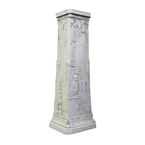 Ornate classical pedestal with old world European and Egyptian-inspired reliefs, featuring intricate geometric and animal motifs.
