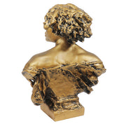 Bust of a woman with expressive face and flowing hair, featuring ornate, classical old world European sculptural details. Different Angle