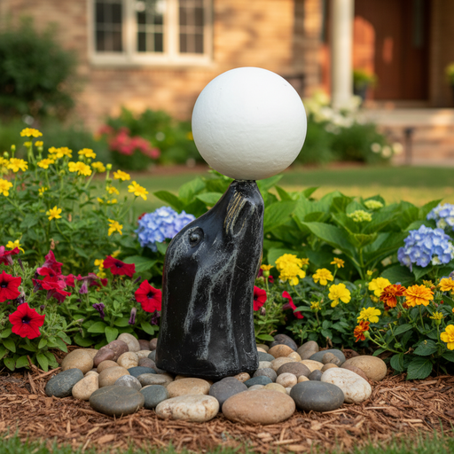 Sculpted black horse head in classical style balancing a smooth, round orb atop its nose, evoking old world European elegance. Side Angle