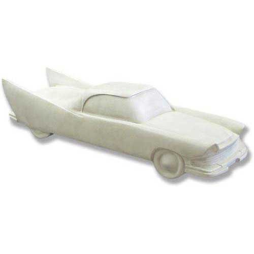 Classic car sculpture with pronounced tailfins, streamlined silhouette, and subtle old world European retro styling.