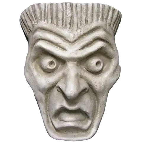 Grotesque medieval gargoyle face with exaggerated features and intense expression, inspired by old world European Gothic style.