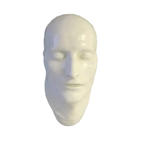 Classical European sculpted head with closed eyes, smooth features, and serene expression, evoking Renaissance and old world style. Side View