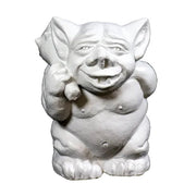 Grotesque gargoyle statue with exaggerated features, large ears, and a mischievous expression in old world European style. Side View