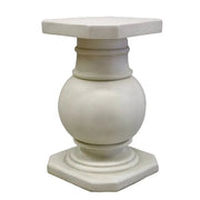 Ornate pedestal table with classical old world European design, featuring a rounded central column and square top and base.