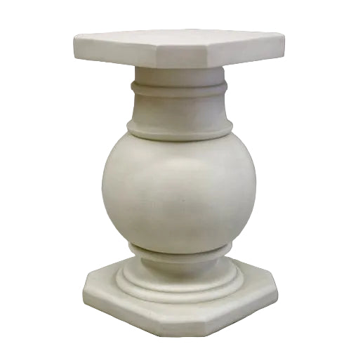 Ornate pedestal table with classical old world European design, featuring a rounded central column and square top and base.