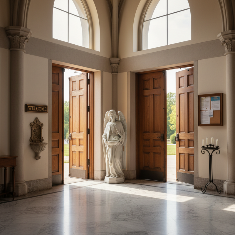 Angel statue in classical old world European style, featuring flowing robes and ornate wings, holding a bowl with a small lamb. Side Angle