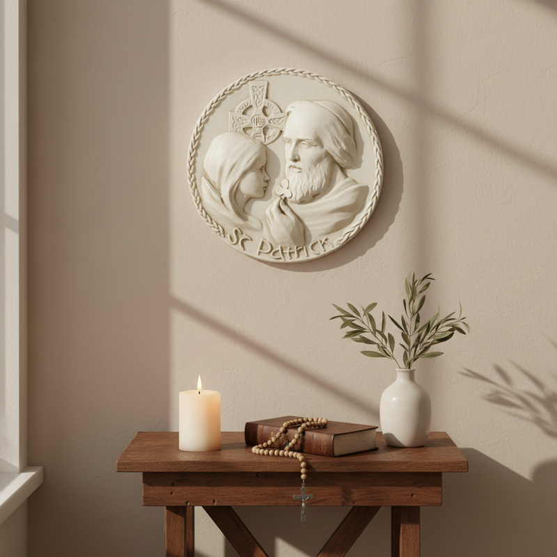St. Patrick in classical relief style holding a shamrock, with a young girl and Celtic cross, ornate old world European design. Side Angle