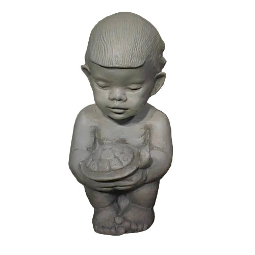 Cherub-like classical statue of a child holding a turtle, featuring soft facial features and subtle old world European detailing.