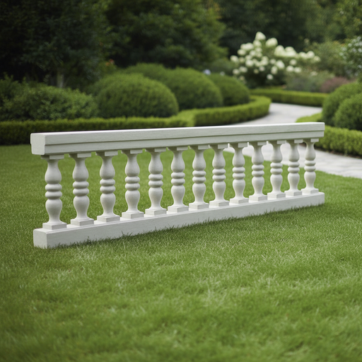 Classical balustrade with evenly spaced ornate spindles and a rectangular top and base, featuring old world European design elements. Side Angle