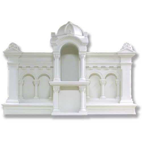 Ornate old world European altar with classical arches, domed canopy, and intricate Baroque architectural detailing. Side Angle
