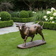 Baroque-style bull statue with ornate detailing, strong stance, and classical old world European sculptural influence. Side Angle