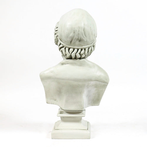 Classical Greek-style bust sculpture with ornate hair detail, shown from the back on a square pedestal base. Side View