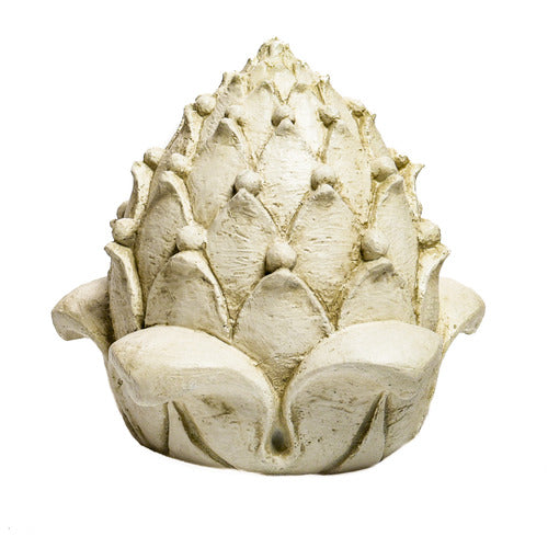 Artichoke-shaped sculpture with ornate, old world European detailing and classical, Renaissance-inspired design elements. Different Angle
