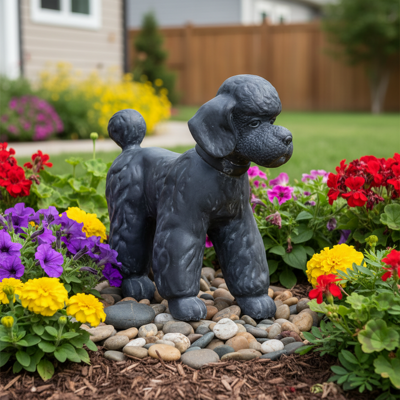Poodle figurine with detailed, ornate fur texture and classical European sculptural style. Side Angle