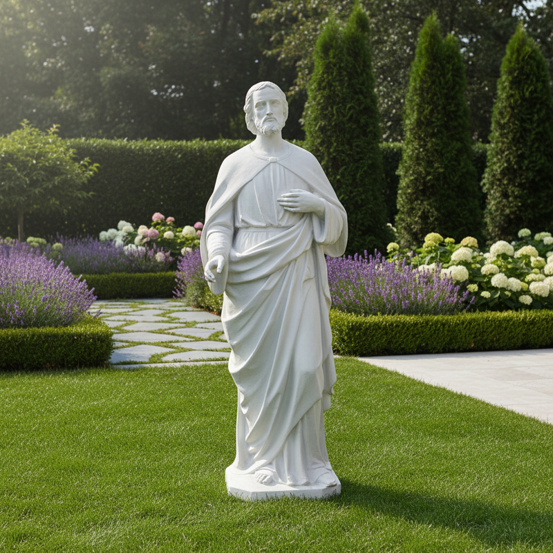 Classical Renaissance-style male saint statue with flowing robes, detailed facial features, and an ornate, old world European design. Different Angle