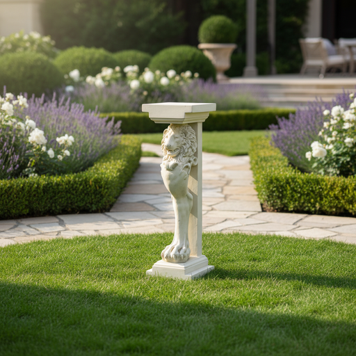 Lion pedestal with classical old world European design, featuring ornate sculpted details and a square top in Renaissance style. Side Angle