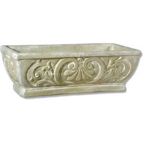 Rectangular planter with ornate Baroque scrollwork and classical old world European floral motifs on all sides.