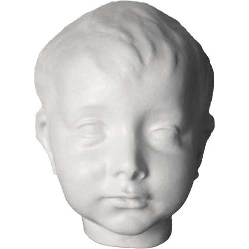 Classical Renaissance-style sculpted child’s head with serene expression and smooth, detailed facial features.