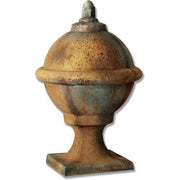 Ornate old world European finial with a rounded, classical urn shape and a square pedestal base, featuring weathered detailing.
