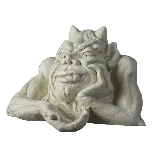 Grotesque gargoyle with horns and exaggerated features in a relaxed pose, inspired by medieval Gothic architectural style.