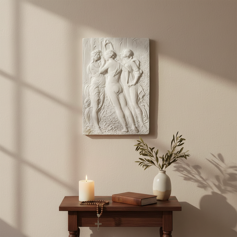Classical bas-relief panel depicting three women in flowing robes, inspired by Renaissance and old world European artistry. Side Angle