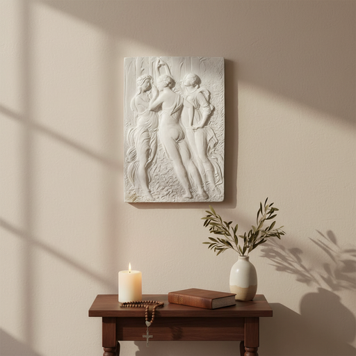 Classical bas-relief panel depicting three women in flowing robes, inspired by Renaissance and old world European artistry. Side Angle