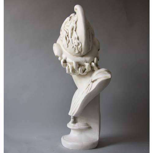 Greek classical bust of a bearded warrior in an ornate helmet with mythological relief, inspired by Renaissance and old world European art. Side Angle