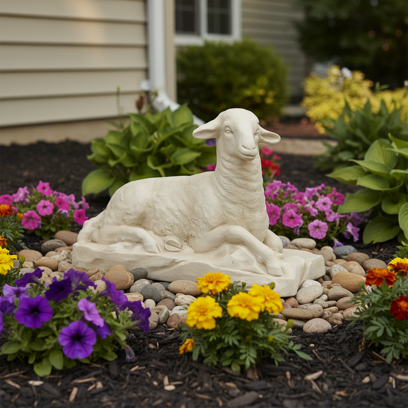 Resting lamb sculpture with classical European style, featuring gentle curves and subtle ornate detailing on a textured base. Side Angle