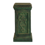 Ornate pedestal with classical old world European design, featuring intricate Baroque-style relief patterns and decorative edging. Different Angle