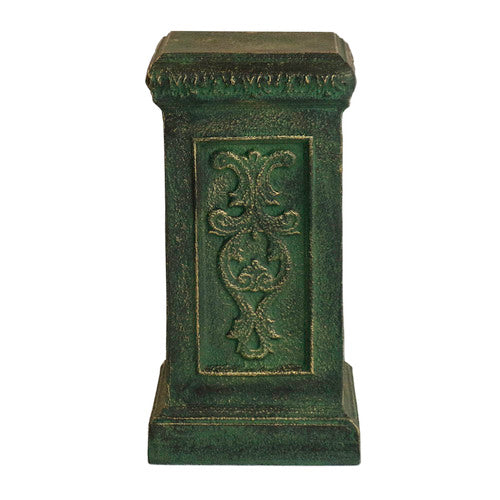 Ornate pedestal with classical old world European design, featuring intricate Baroque-style relief patterns and decorative edging. Different Angle