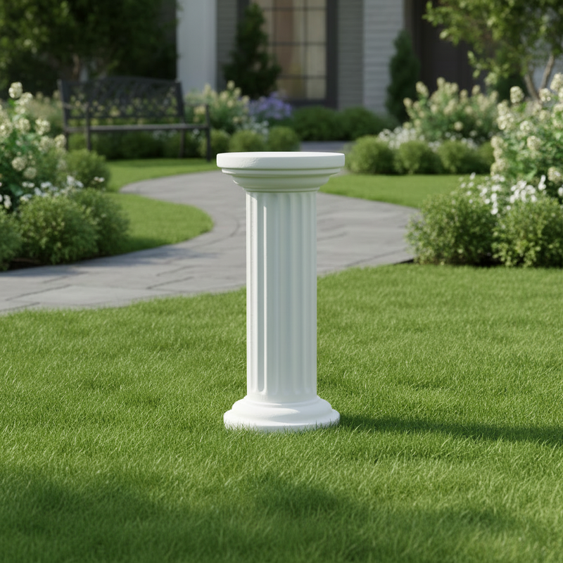 Classical Greek fluted column pedestal with ornate base and capital, featuring old world European architectural style. Side Angle