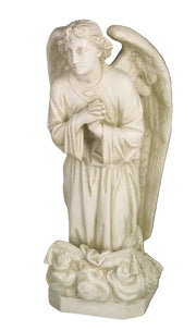 Kneeling angel statue with folded hands, detailed wings, and flowing robes in ornate old world European classical style.