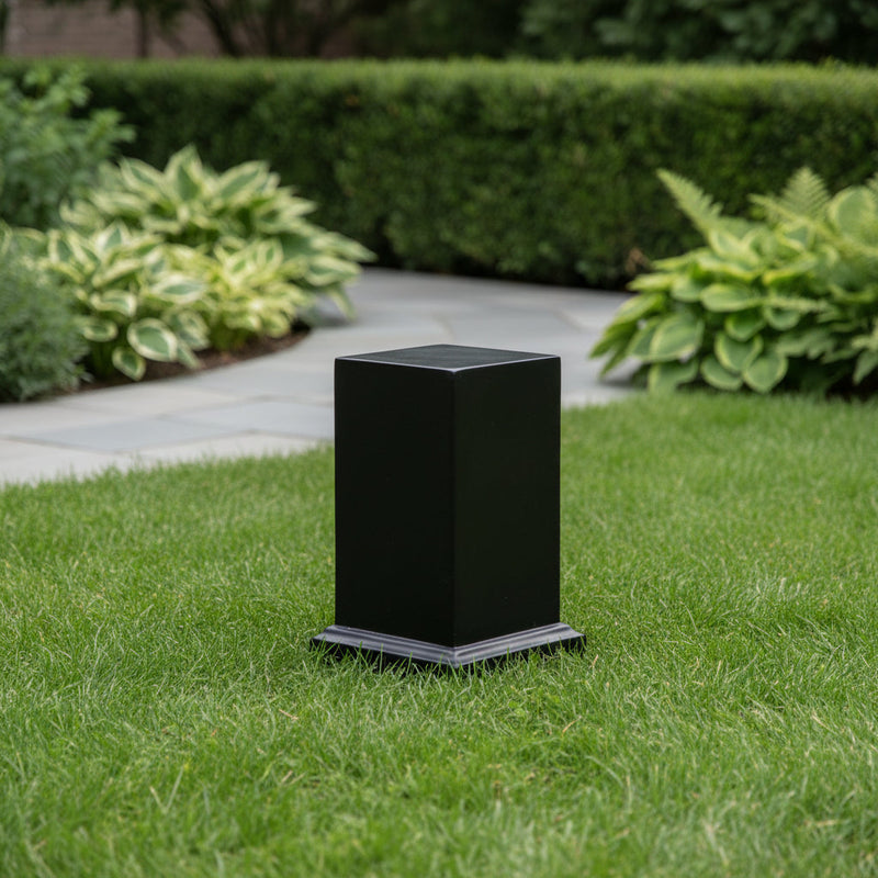Square pedestal with classical, old world European style and simple, clean lines on a stepped base. Side Angle