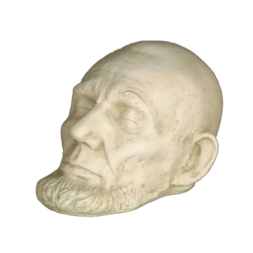 Classical old world European sculpted head with closed eyes, detailed facial features, and a prominent beard in Renaissance style. Side View