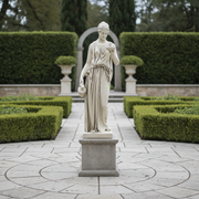 Classical Greek-style female statue in draped robes, holding a jug and a shallow bowl, featuring ornate, Renaissance-inspired details. Side Angle