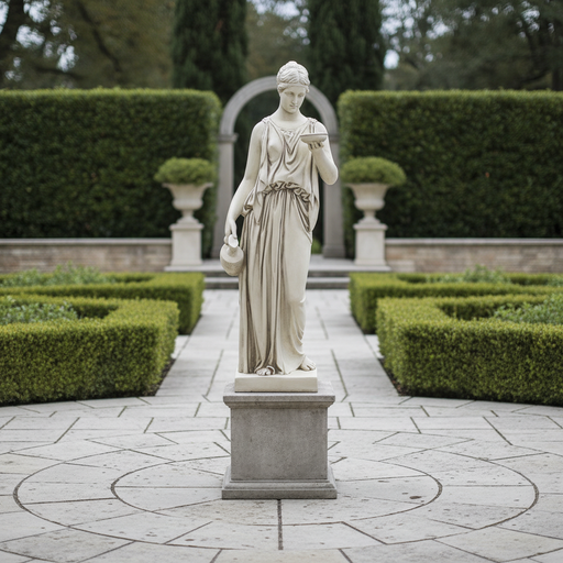 Classical Greek-style female statue in draped robes, holding a jug and a shallow bowl, featuring ornate, Renaissance-inspired details. Side Angle