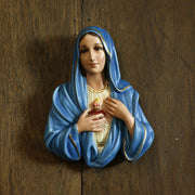 Virgin Mary wall plaque in old world European style, featuring classical serene expression and ornate Sacred Heart detail. Different Angle