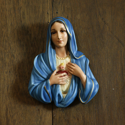 Virgin Mary wall plaque in old world European style, featuring classical serene expression and ornate Sacred Heart detail. Different Angle