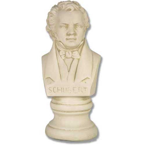 Classical bust of a man in formal attire with ornate detailing, old world European style, SCHUBERT inscribed on the base.